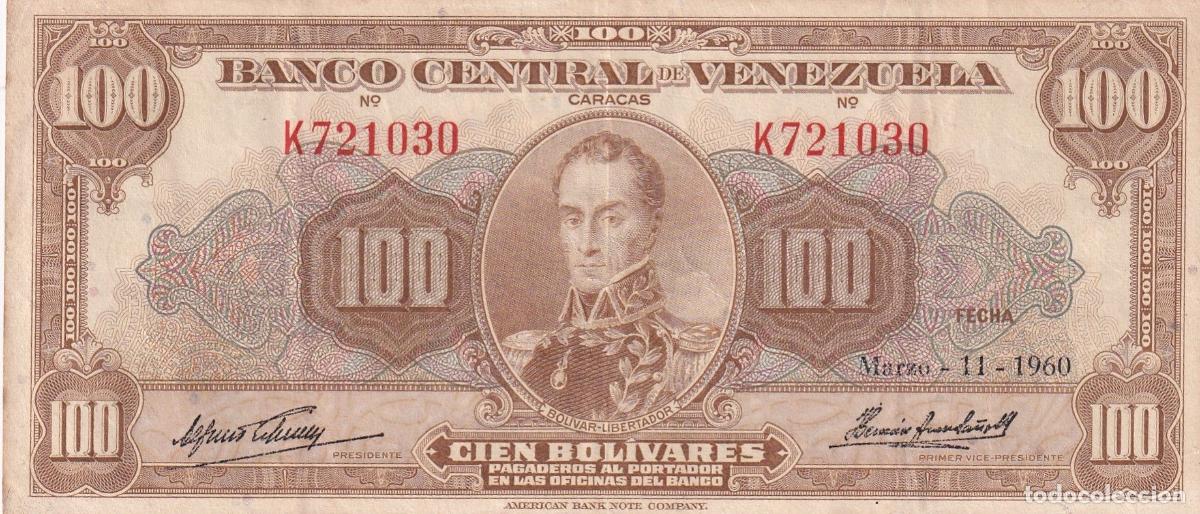 Notas Internacionais: CRBX0886 BILLETE VENEZUELA 100 BOLIVARES 1960 SERIE 6 DIGITOS RARO MBC