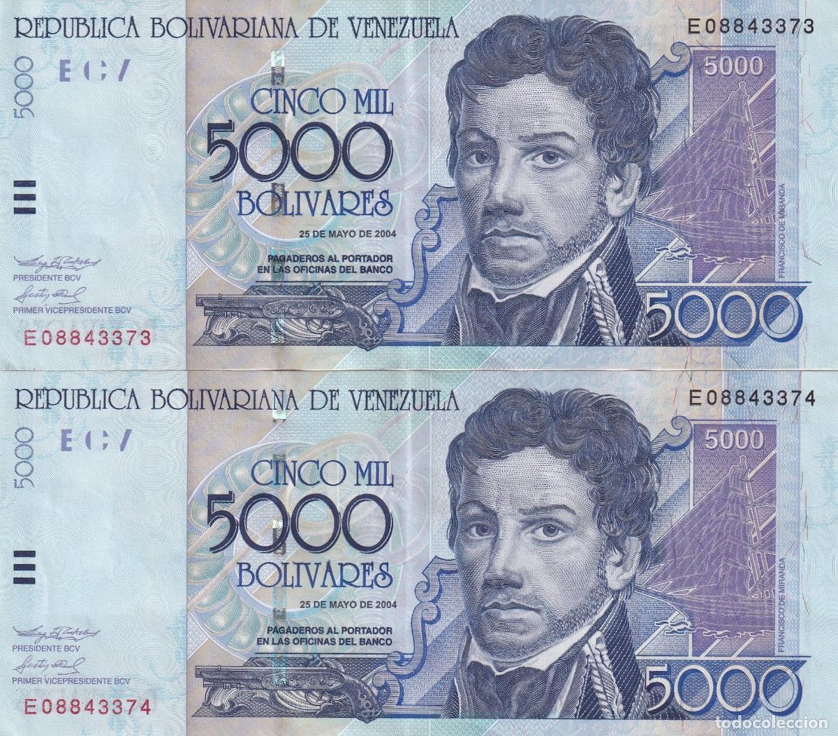 Notas Internacionais: CRBX0895 PAREJA CORRELATIVA BILLETES VENEZUELA 5000 BOLIVARES 2004 EBC