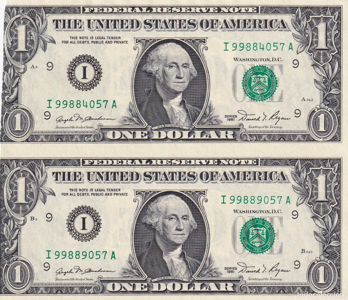 Notas Internacionais: CRBX0733 BILLETE EEUU 2 UNIDADES 1 DOLAR UNCUT 1981 SERIE I MAL CORTADO