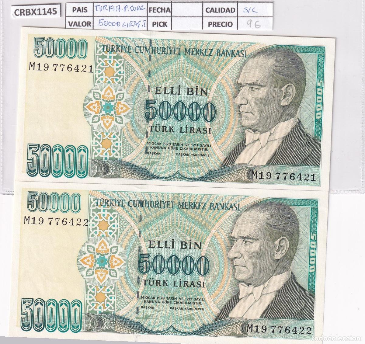 Notas Internacionais: CRBX1145 PAREJA CORRELATIVA BILLETES TURQUIA 50000 LIRAS SIN CIRCULAR
