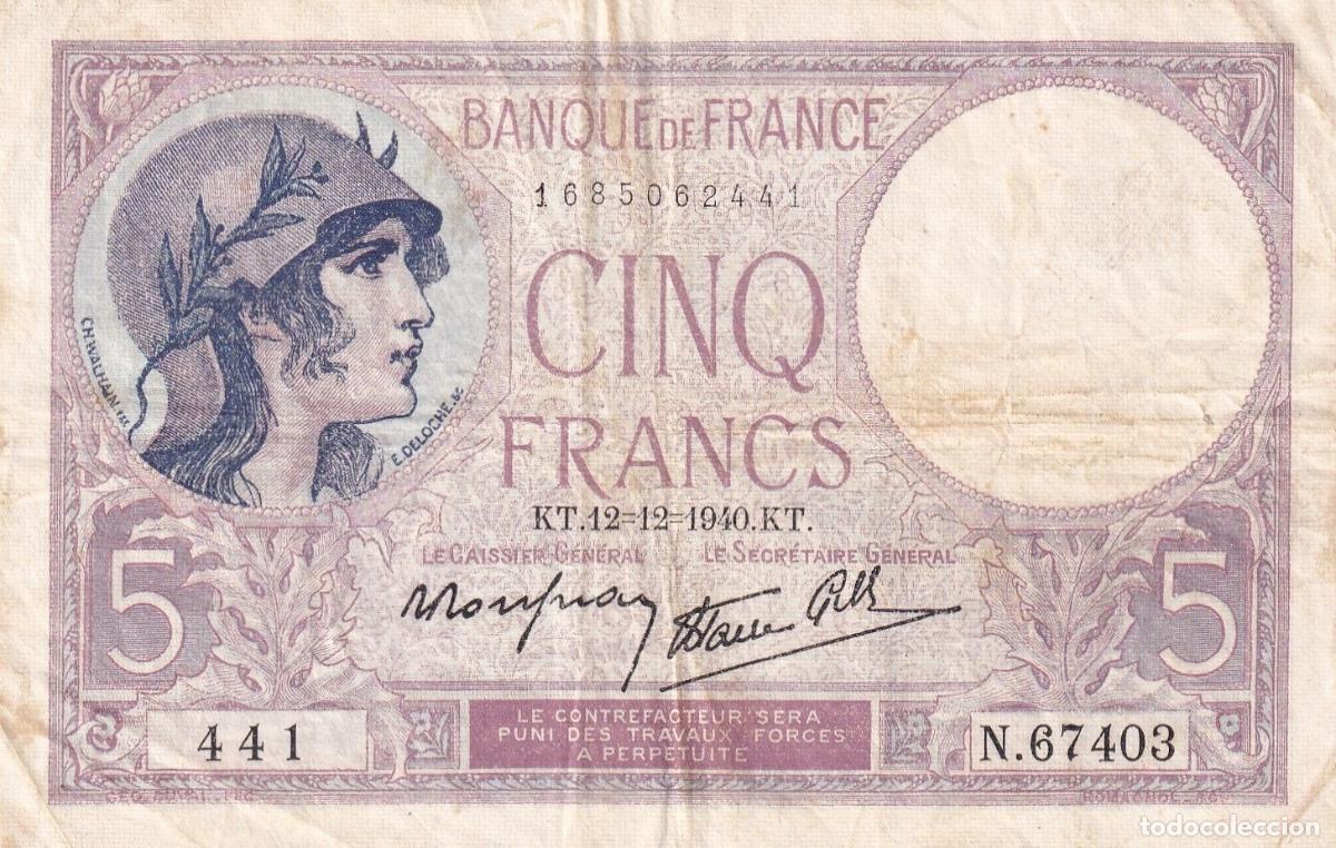 Internationale Banknoten: CRBX1458 BILLETE FRANCIA 5 FRANCOS 1940 USADO