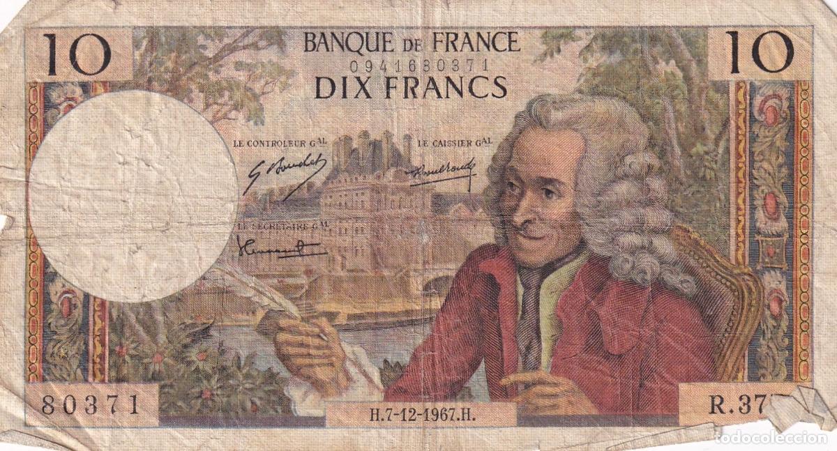 Internationale Banknoten: CRBX1464 BILLETE FRANCIA 10 FRANCOS 1967 USADO CON ROTURAS