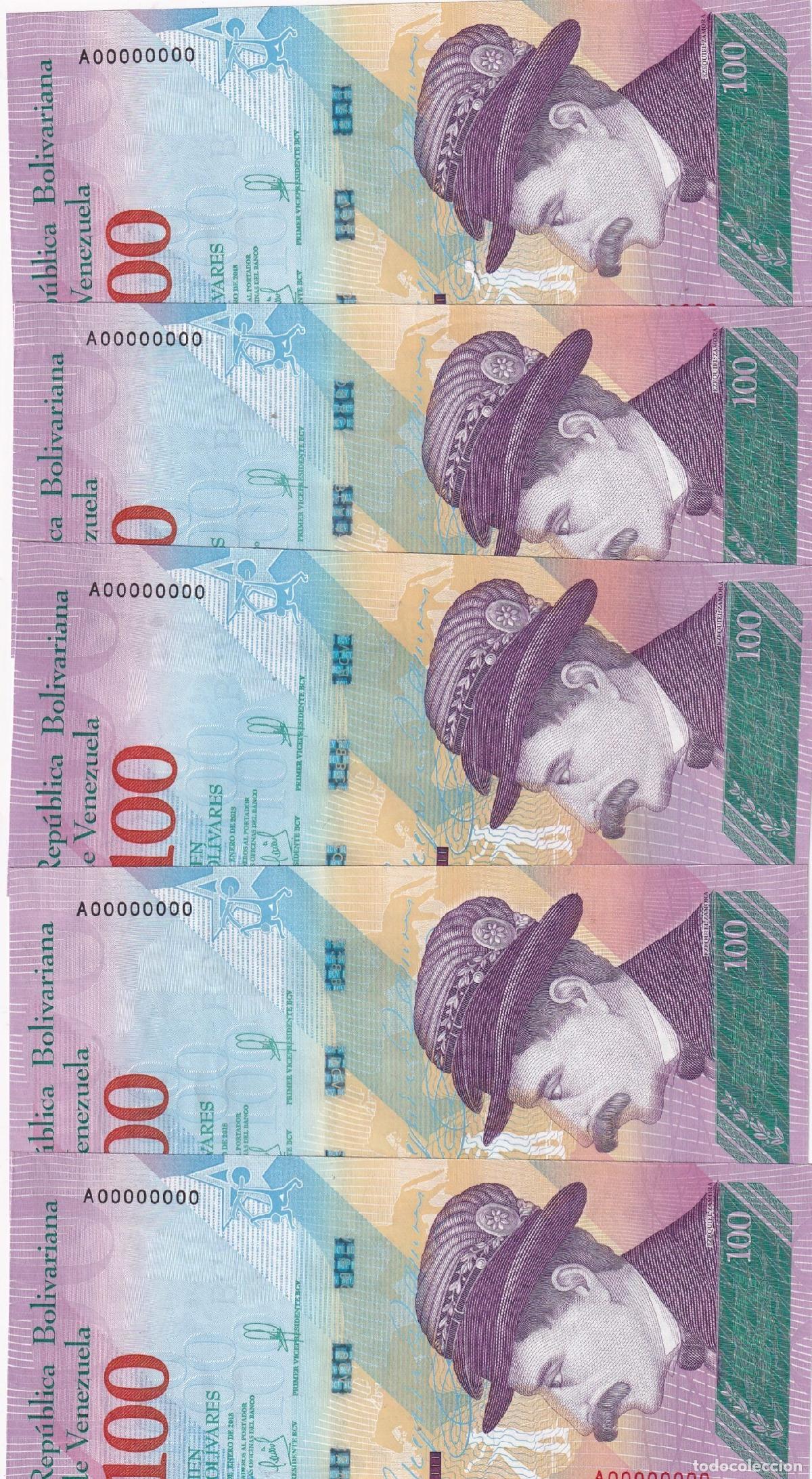 Internationale Banknoten: CRBX2548 5 BILLETES VENEZUELA 100 BOLIVARES 2018 PRUEBAS SERIE A0000.. S/C
