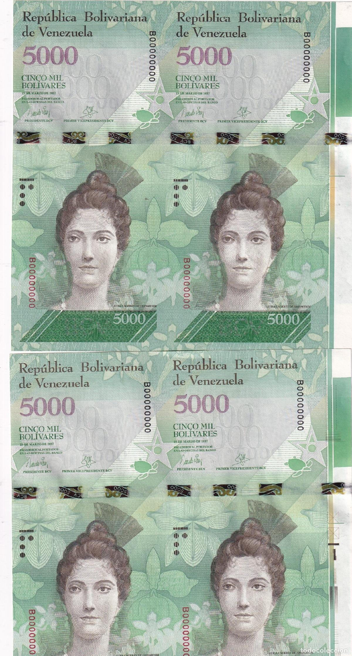 Internationale Banknoten: CRBX2556 4 BILLETES DOBLES VENEZUELA 5000 BOLIV. 2017 ERROR PROGESIVO