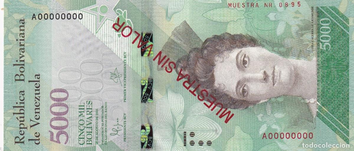 Notas Internacionais: CRBX2558 BILLETE VENEZUELA 5000 BOLIV. 2016 SERIE A000 MUESTRA S/VALOR