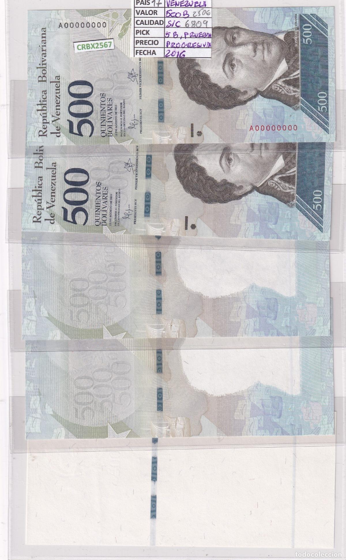 Notas Internacionais: CRBX2567 5 BILLETES VENEZUELA 500 BOLIVARES 2016 PRUEBAS PROGRESIVAS