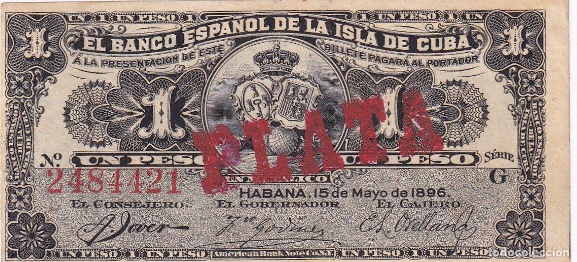 International Banknotes: CRBX2590 BILLETE CUBA ESPA&Ntilde;OL 1 PESO 1896 SIN SERIE RESELLO PLATA S/C-