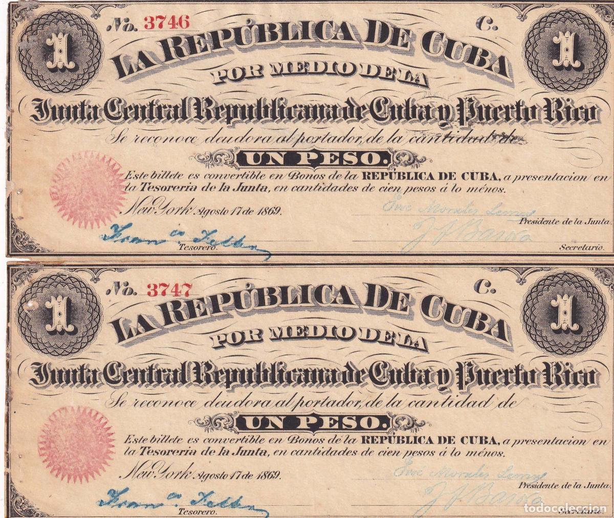 International Banknotes: CRBX2924 PAREJA CORRELATIVA BILLETES CUBA 1 PESO 1869 RARA