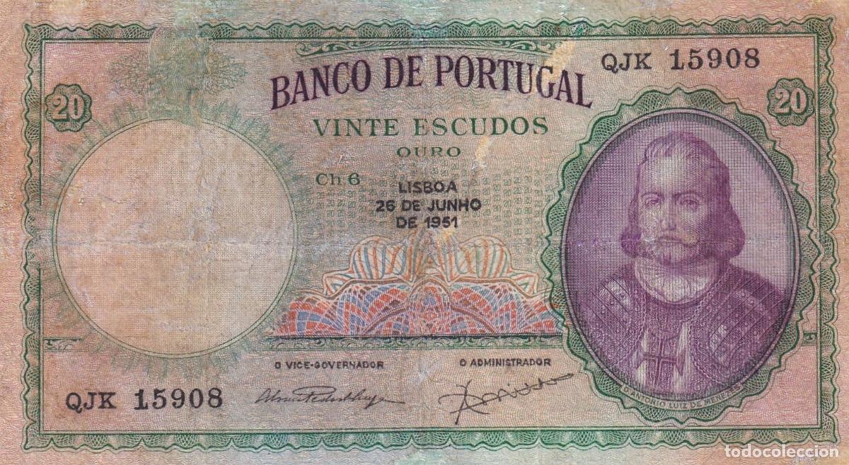 Billetes extranjeros: CRBX2498 BILLETE PORTUGAL 20 ESCUDOS 1951 SERIE QJK RESTAURADO