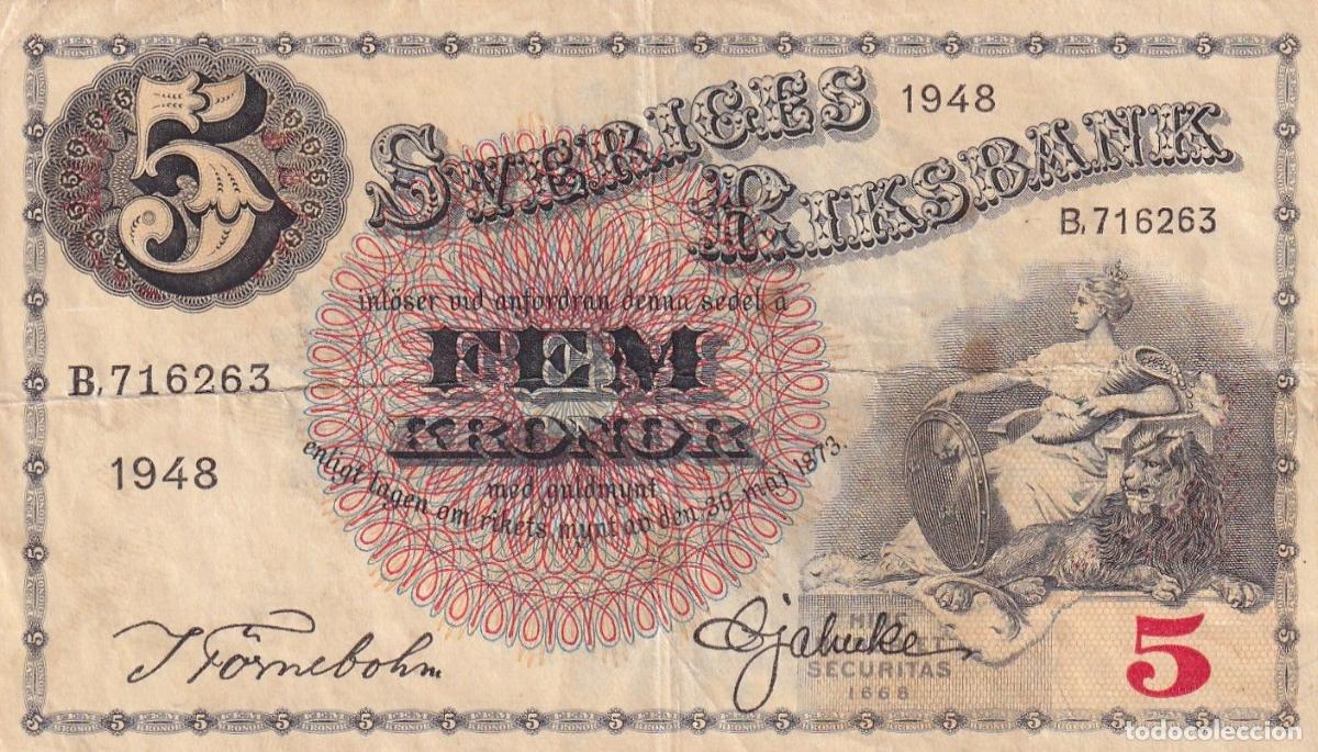 Billets internationaux: CRBX2780 BILLETE SUECIA 5 KRONOR 1948 SERIE B MBC