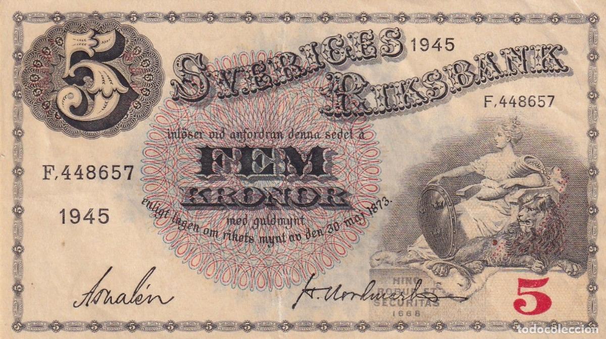 Billets internationaux: CRBX2783 BILLETE SUECIA 5 KRONOR 1945 SERIE F MBC