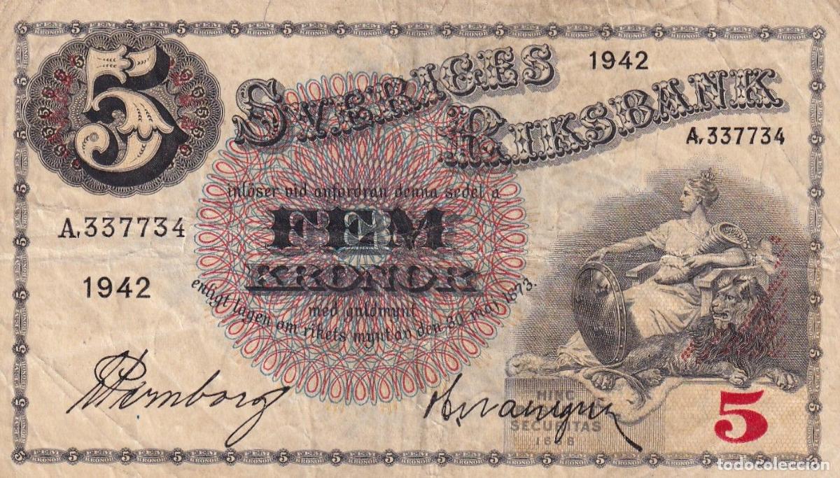 Billets internationaux: CRBX2790 BILLETE SUECIA 5 KRONOR 1942 SERIE A MBC
