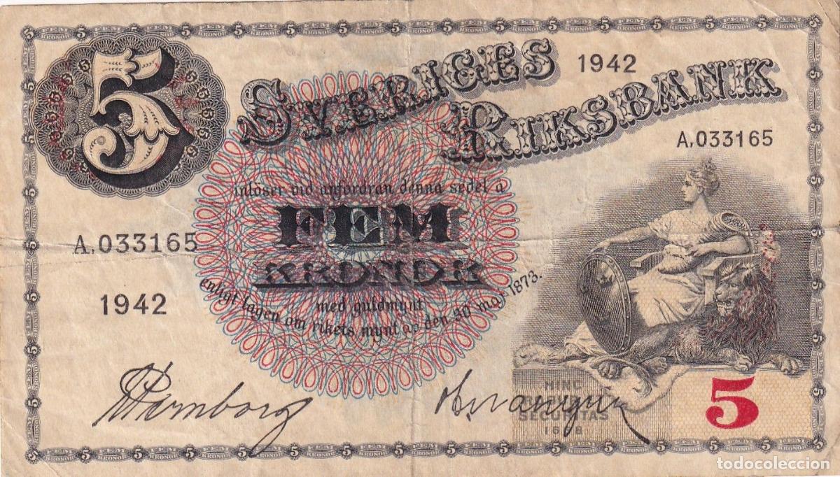 Billets internationaux: CRBX2791 BILLETE SUECIA 5 KRONOR 1942 SERIE A MBC