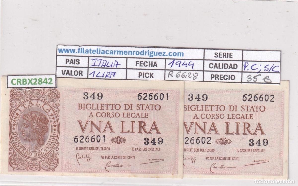 Billetes extranjeros: CRBX2842 PAREJA CORRELATIVA BILLETES ITALIA 1 LIRA 1944 SIN CIRCULAR