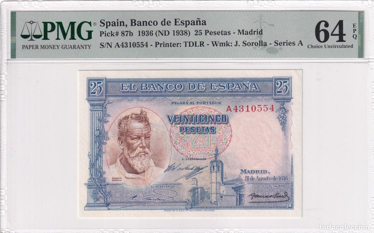 Billets internationaux: CRPMG051 BILLETE ENCAPSULADO ESPA&Ntilde;A 25 PESETAS 1936 SERIE A PMG 64
