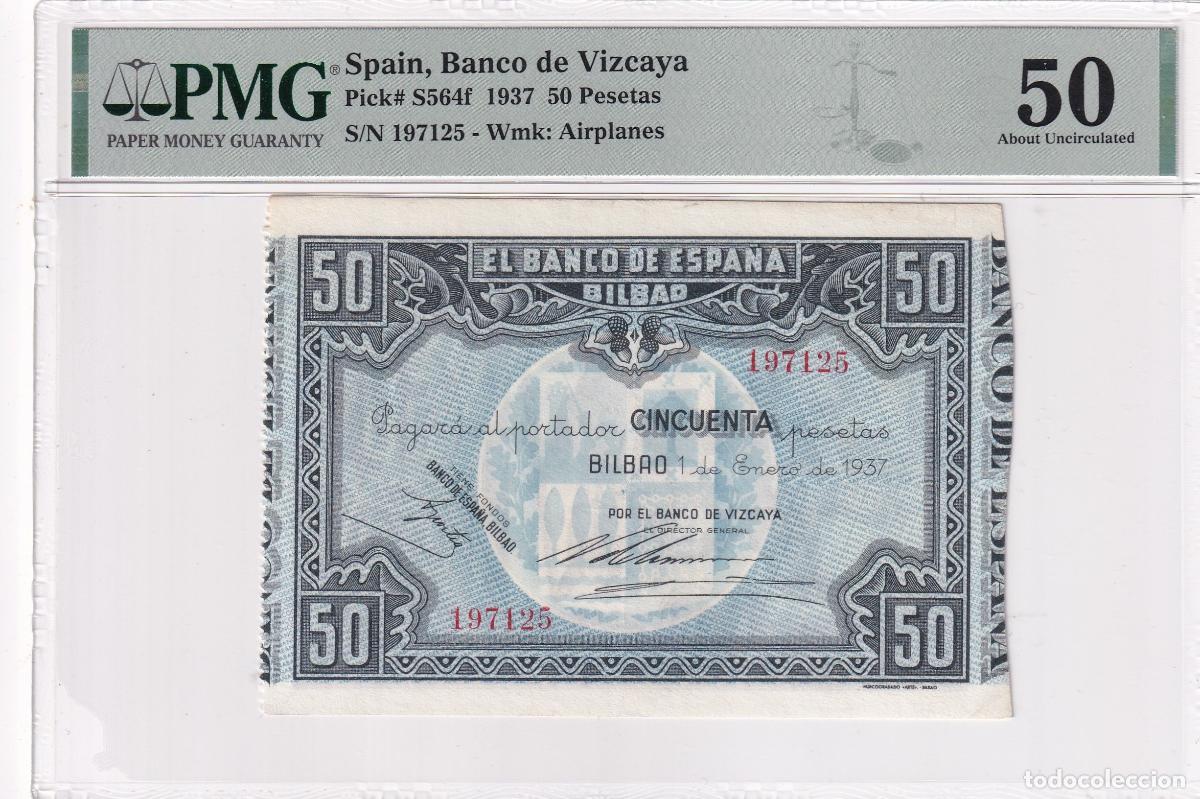Billets internationaux: CRPMG053 BILLETE ENCAPSULADO ESPA&Ntilde;A BILBAO 50 PESETAS 1937 PMG 50