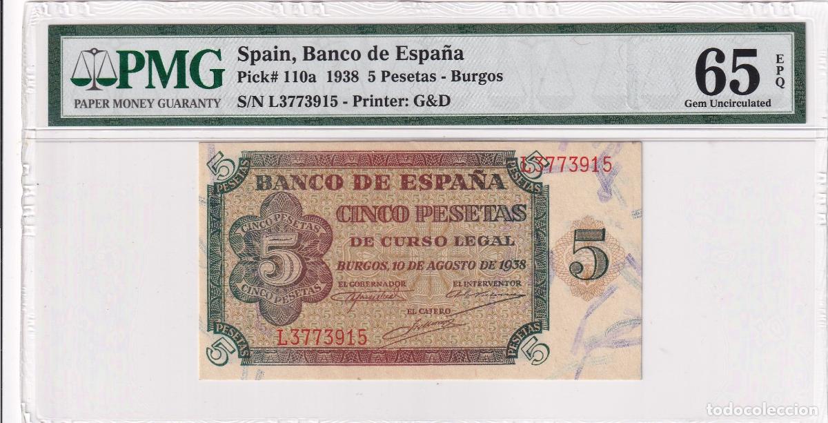 Billets internationaux: CRPMG057 BILLETE ENCAPSULADO ESPA&Ntilde;A 5 PESETAS 1938 SERIE L ENCAPSULADO PMG 65