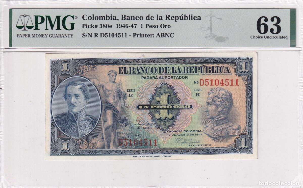 Billets internationaux: CRPMG062 BILLETE ENCAPSULADO COLOMBIA 1 PESO ORO PMG 63