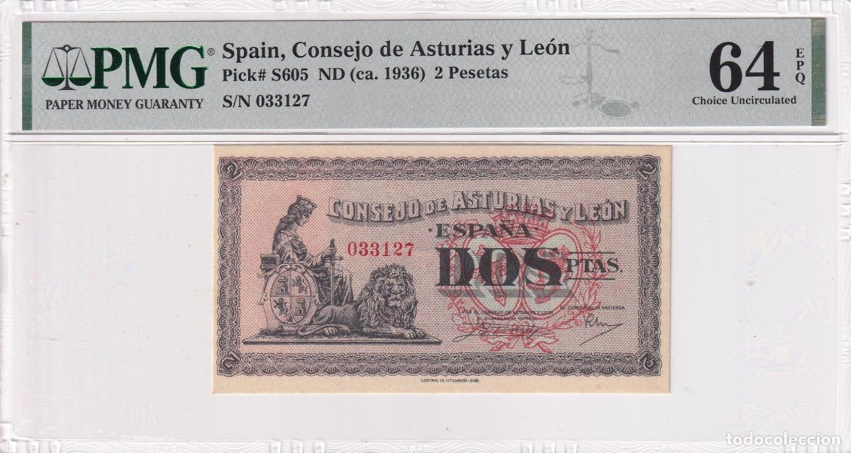 Billets internationaux: CRPMG063 BILLETE ENCAPSULADO ESPA&Ntilde;A LOCAL ASTURIAS Y LEON 2 PESETAS 1936 PMG64