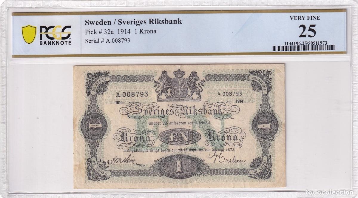 International Banknotes: CRPMG039 BILLETE ENCAPSULADO SUECIA 1 KRONA 1914 PCGS 25