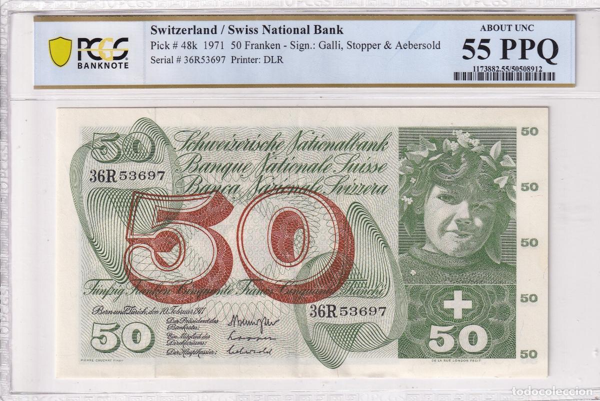 International Banknotes: CRPMG041 BILLETE ENCAPSULADO SUIZA 50 FRANKEN 1971 PCGS 55