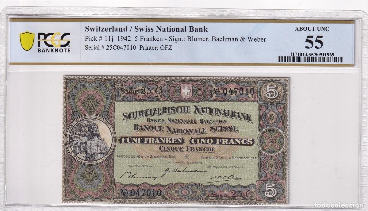 International Banknotes: CRPMG042 BILLETE ENCAPSULADO SUIZA 5 FRANKEN 1942 PCGS 55