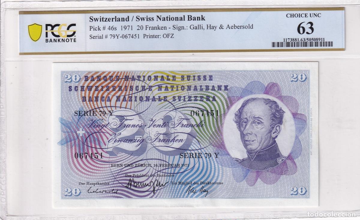 International Banknotes: CRPMG043 BILLETE ENCAPSULADO SUIZA 20 FRANKEN 1971 PCGS 63