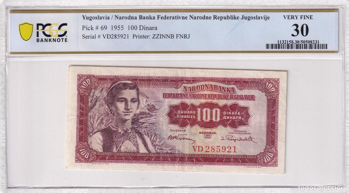 Notas Internacionais: CRPMG048 BILLETE ENCAPSULADO YUGOSLAVIA 100 DINARA 1955 PCGS 30