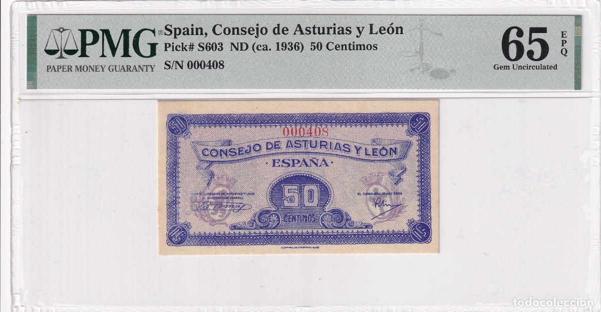 Notas Internacionais: CRPMG049 BILLETE ENCAPSULADO CONSEJO ASTURIAS Y LEON 50 CENTIMOS 1936 SERIE BAJA PMG 65