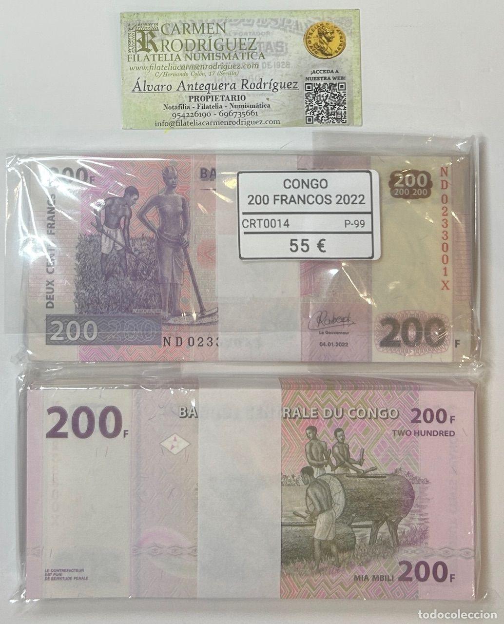 Notas Internacionais: CRT0014 TACO 100 BILLETES CONGO 200 FRANCOS 2022 P-99