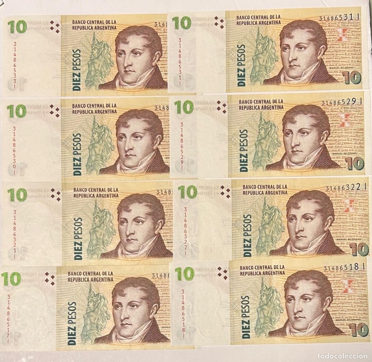 Notas Internacionais: CRBX3268 LOTE 8 BILLETES ARGENTINA 10 PESOS EBC