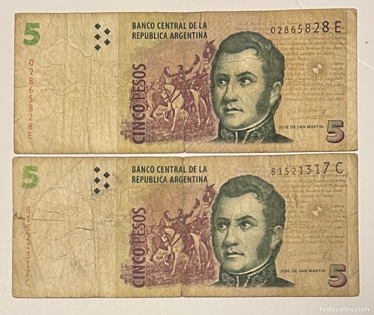 Notas Internacionais: CRBX3269 BILLETE LOTE 2 BILLETES ARGENTINA 5 PESOS USADOS