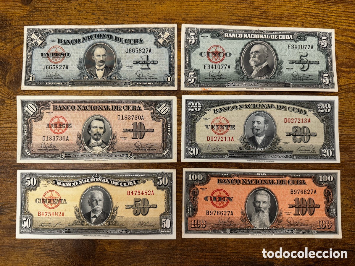Billetes extranjeros: Lote de 6 billetes de la Cuba Republicana. A&ntilde;os 1950s cono monetario. Circulados