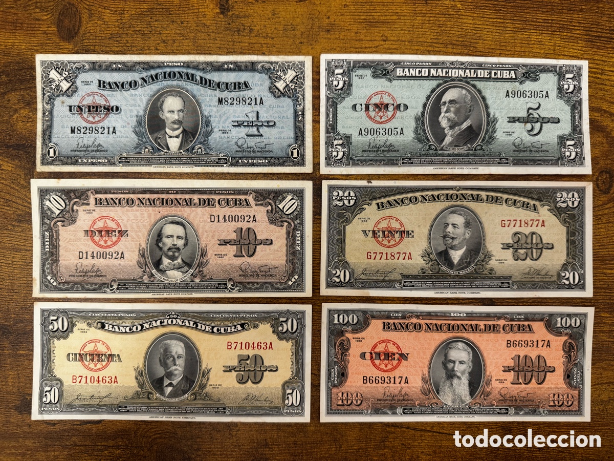 Billetes extranjeros: Lote de 6 billetes de la Cuba Republicana. A&ntilde;os 1950s cono monetario. Circulados