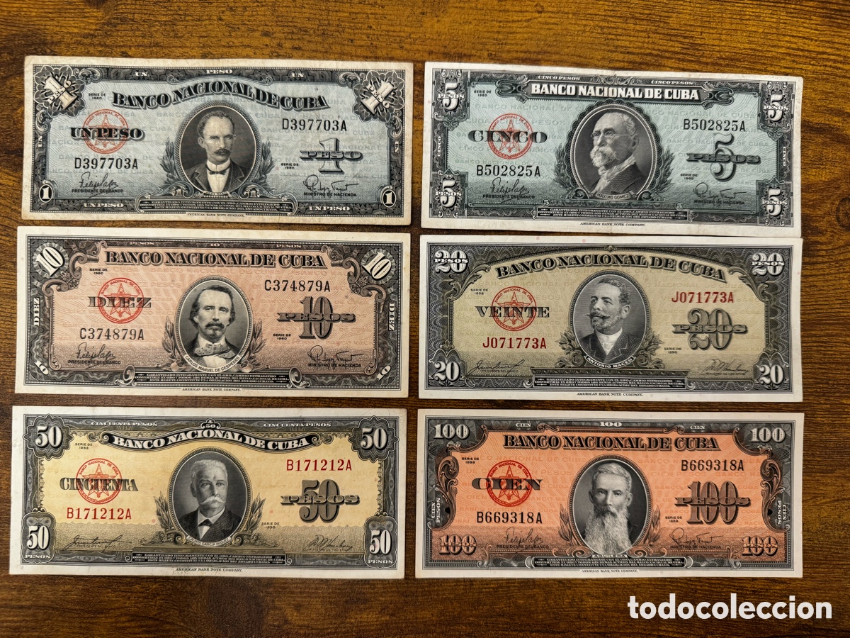 Billetes extranjeros: Lote de 6 billetes de la Cuba Republicana. A&ntilde;os 1950s cono monetario. Circulados