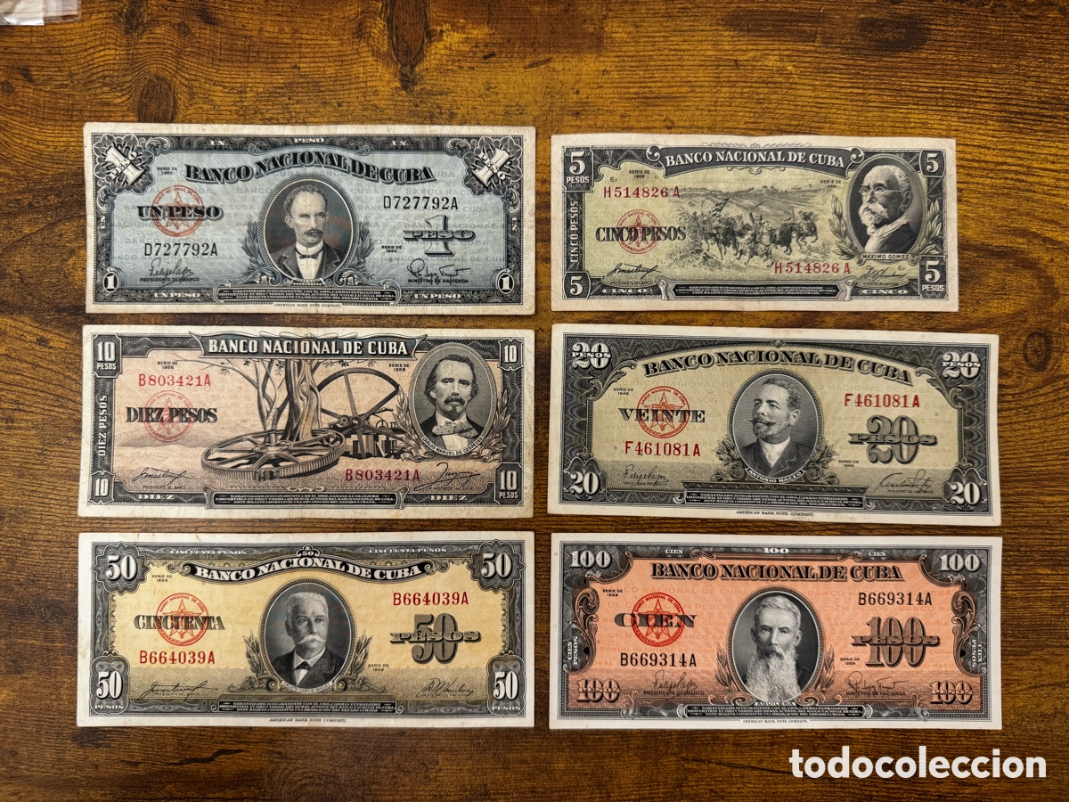 Billetes extranjeros: Lote de 6 billetes de la Cuba Republicana. A&ntilde;os 1950s cono monetario. Circulados