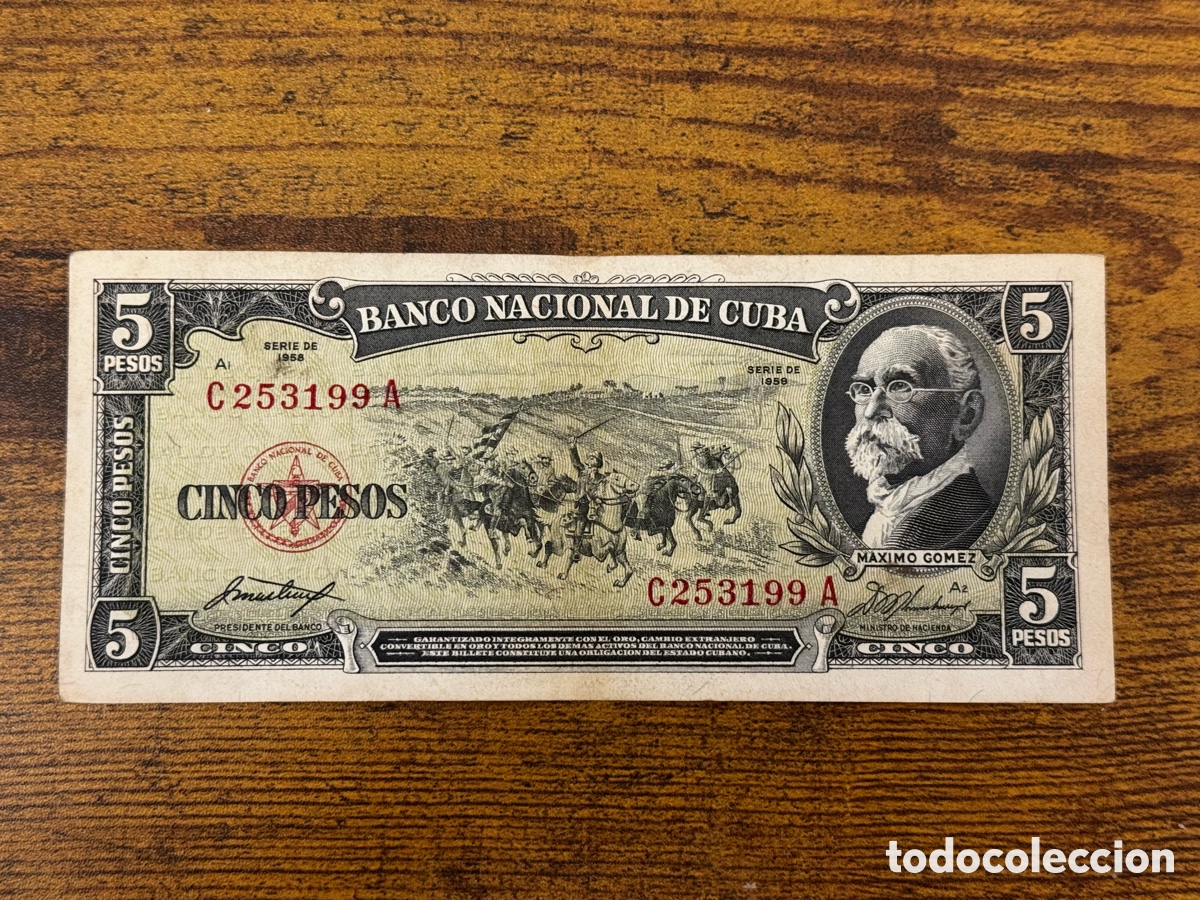Billetes extranjeros: Billete de 5 pesos 1958 Cuba. Circulado