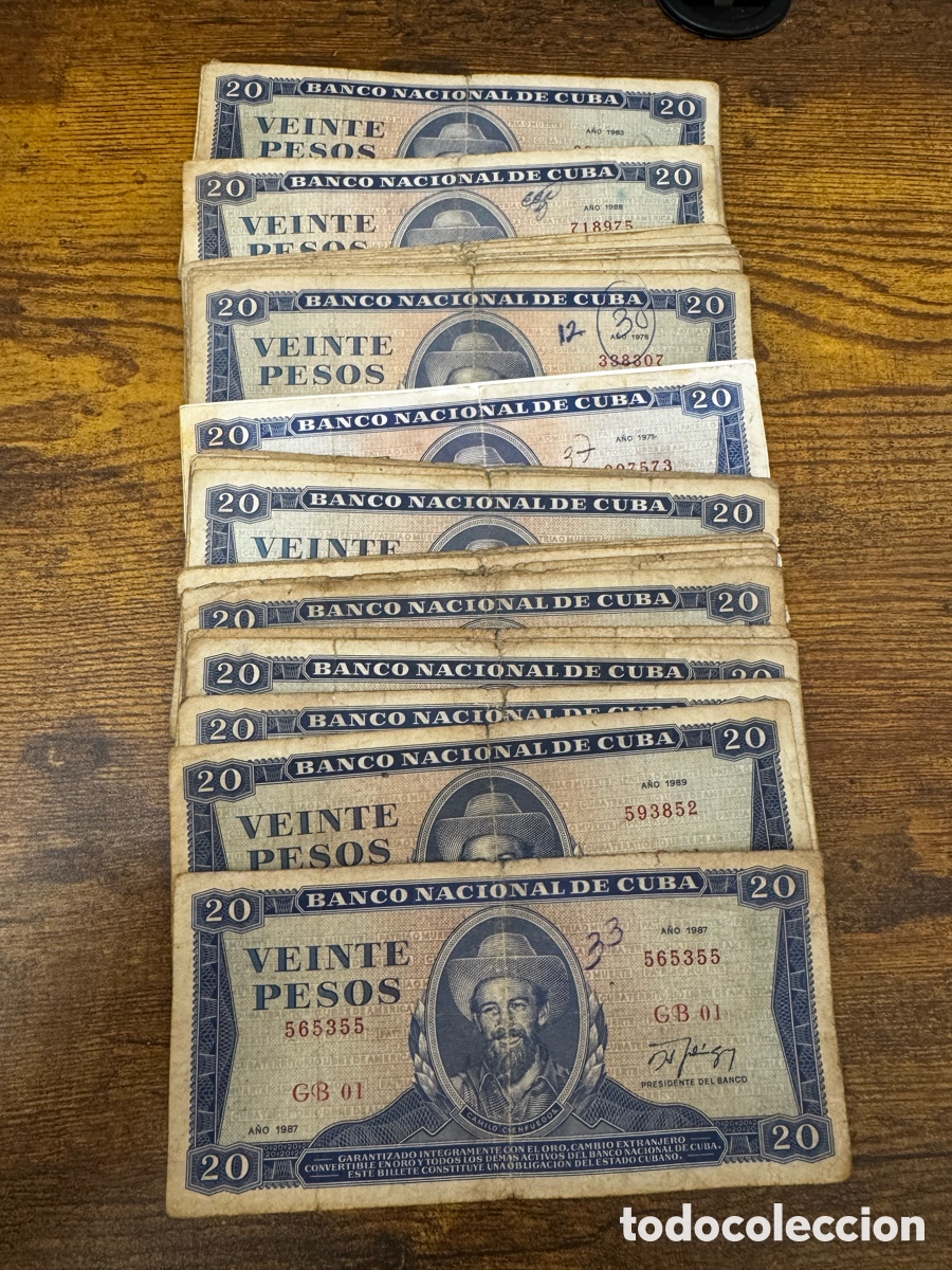 Billetes extranjeros: Lote de 50 billetes de 20 pesos 1964-1990 Cuba. Circulados en baja condicion