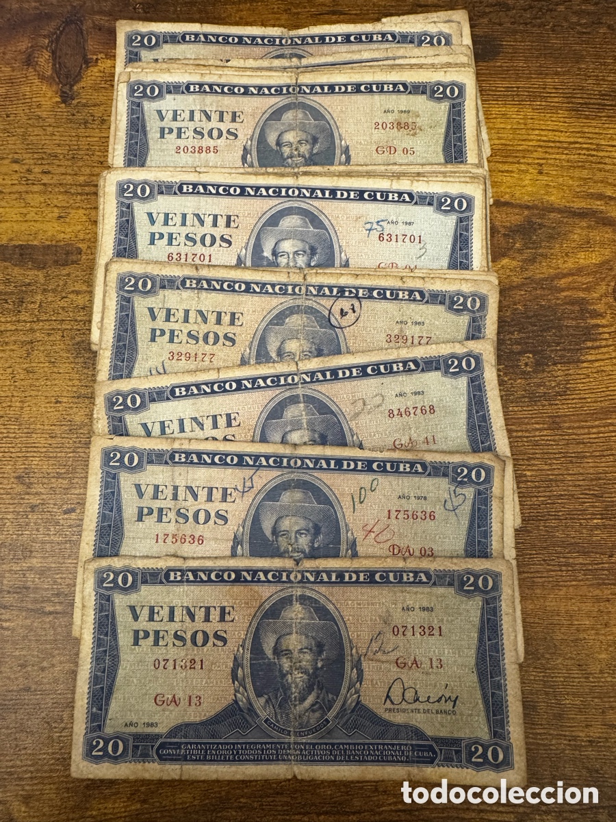 Billetes extranjeros: Lote de 35 billetes de 20 pesos 1964-1990 Cuba. Circulados en baja condicion