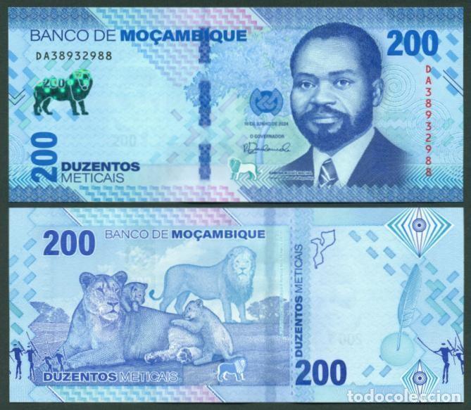 Billetes extranjeros: MOZAMBIQUE. 200 meticais 16.06.2024. S/C. Pick 158. Fauna. Leones.