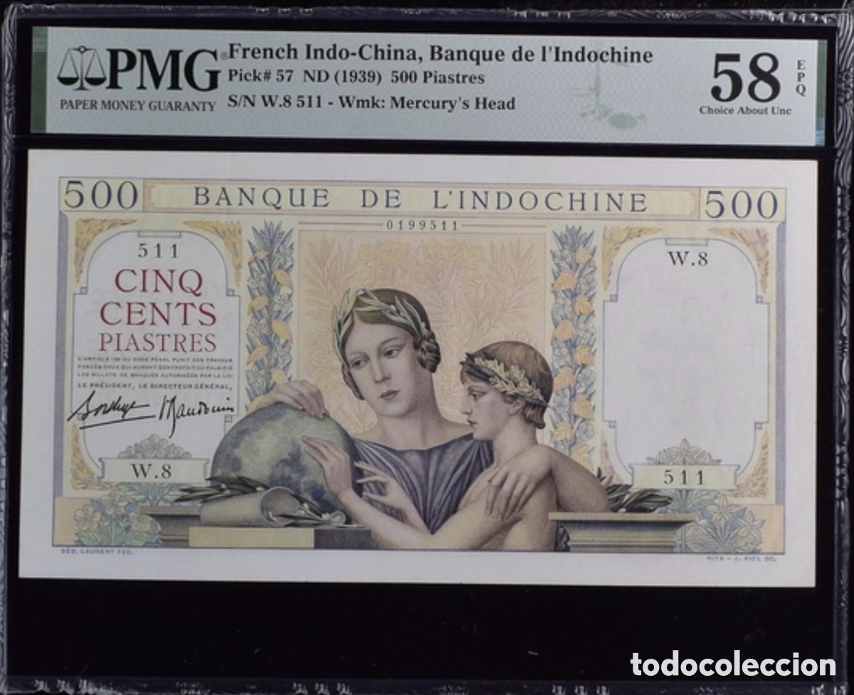 Billetes extranjeros: Billete 500 piastres French Indochina 1939 PMG 58 EPQ