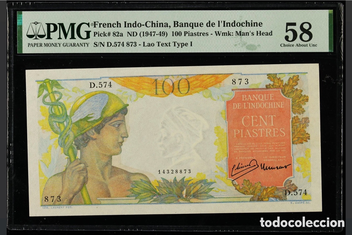 Billetes extranjeros: Billete 100 piastres Indochina 1947 PMG 58 p82a