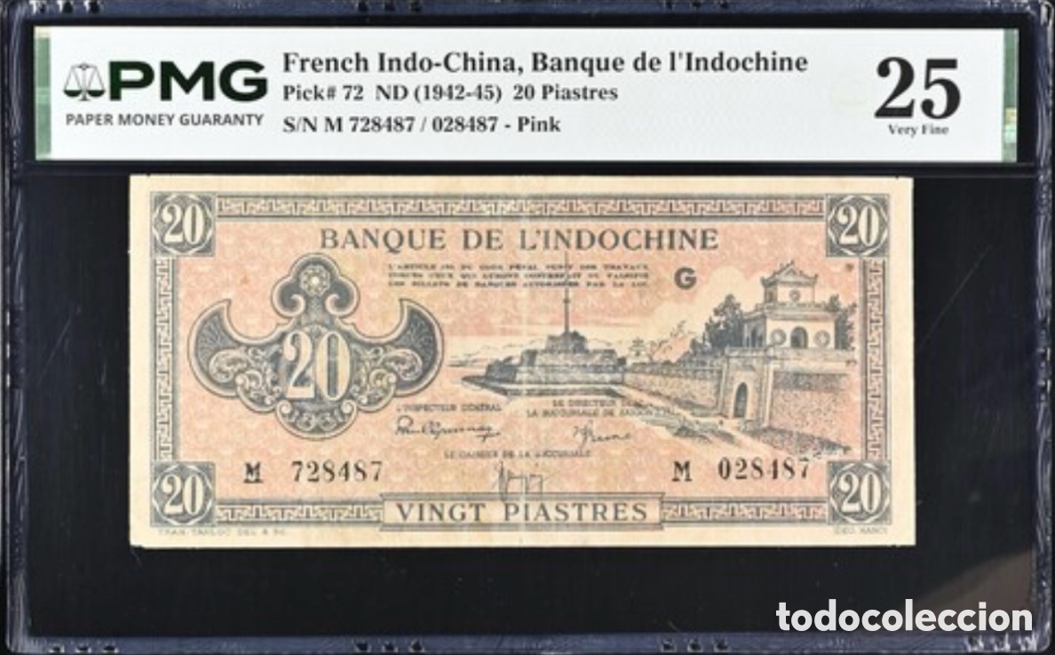 Billetes extranjeros: Billete 20 piastres Indochina 1942 PMG 25 p72 Pink