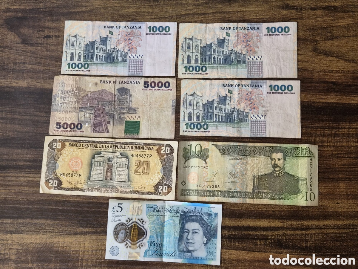 Billetes extranjeros: Lote 7 Billetes del Mundo: Tanzania, Rep. Dominicana y 5 Libras UK - &iexcl;ENV&Iacute;O GRATIS!