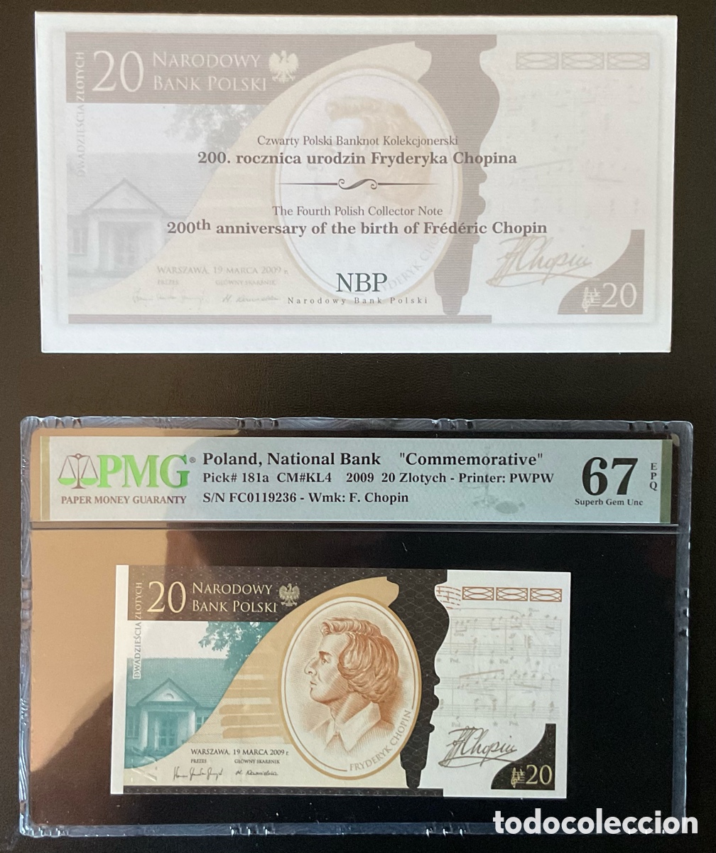 Billetes extranjeros: Billete Polonia 20 Zlotych 2009 Commemorative PMG 67 With The Original Folder
