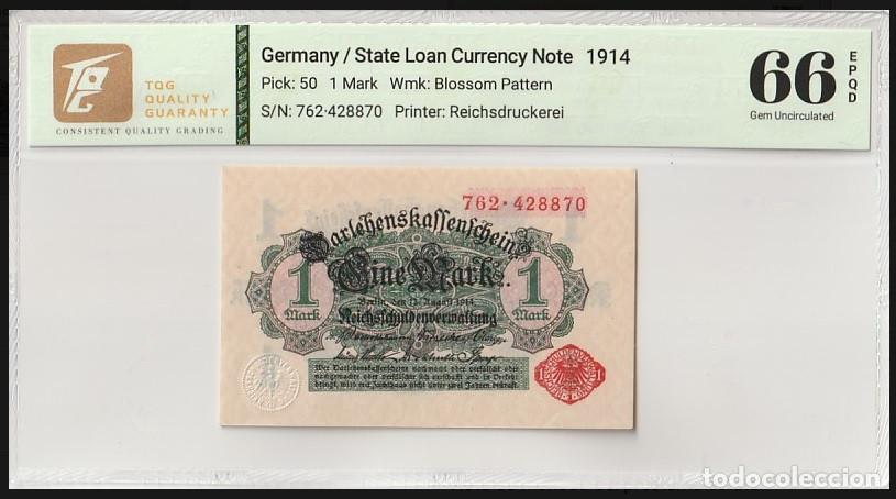 Notas Internacionais: Alemania &ndash; 1 Marco 1914 ND (1920) (12 agosto) Wmk; Blossom Pattern &ndash; TQG 66 Gem UNC Lote 2525