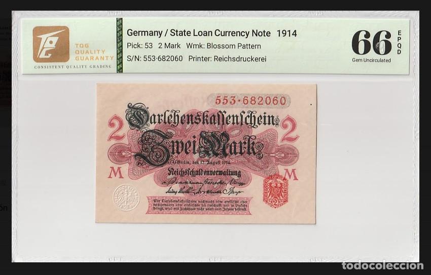 Notas Internacionais: Alemania 2 Marco 1914 (1920) (12 agosto) Wmk; Blossom Pattern TQG 66 Gem UNC Lote 2526