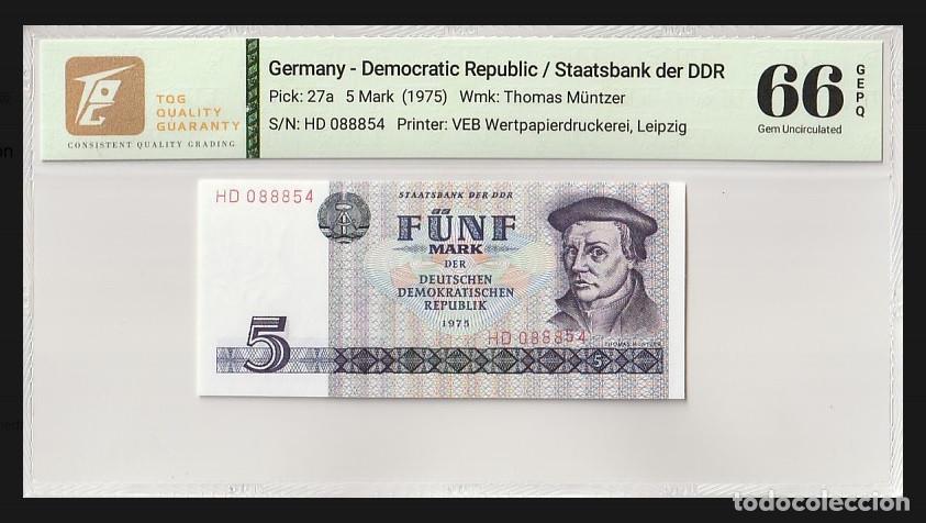 Notas Internacionais: Alemania &ndash; 5 Marcos 1975 Wmk; Thomas M&ucirc;ntzer &ndash; Certificado TQG 66 GEM UNC Lote 2527