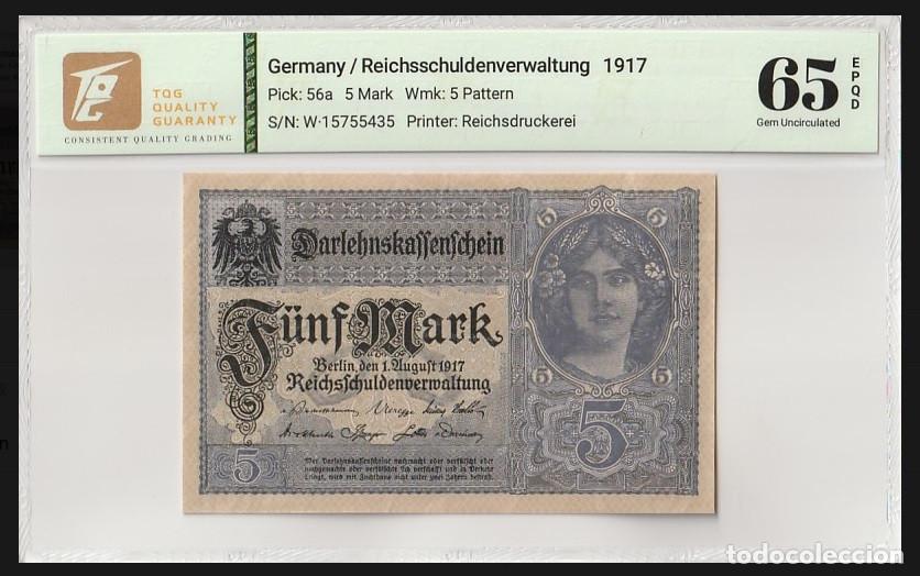 Notas Internacionais: Alemania &ndash; 5 Marcos 1917 (1 agosto) &ndash; Wmk; 5 Pattern &ndash; Certificado TQG 65 GEM UNC Lote 2528