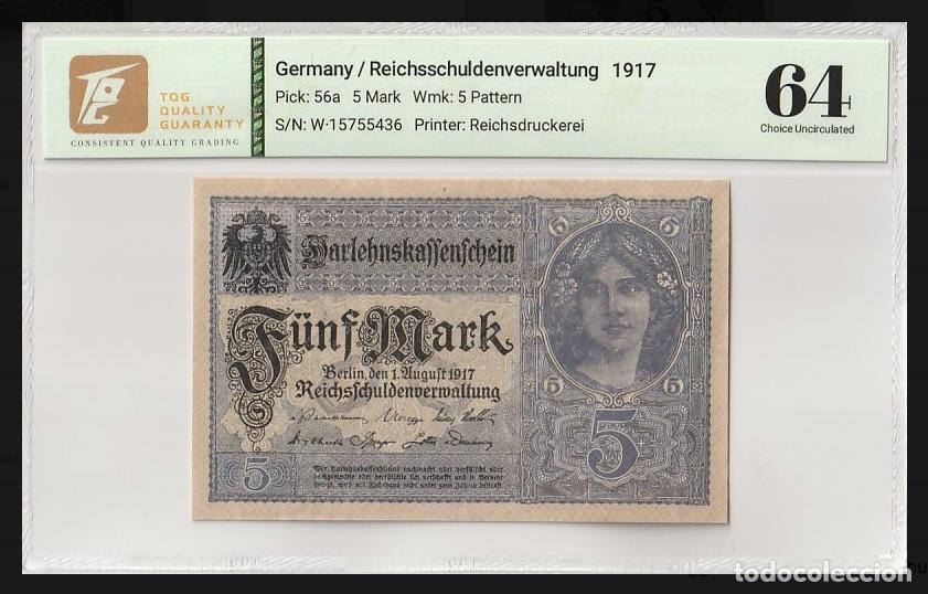 Notas Internacionais: Alemania &ndash; 5 Marcos 1917 (1 agosto) &ndash; Wmk; 5 Pattern &ndash; Certificado TQG 64 Choice UNC Lote 2529